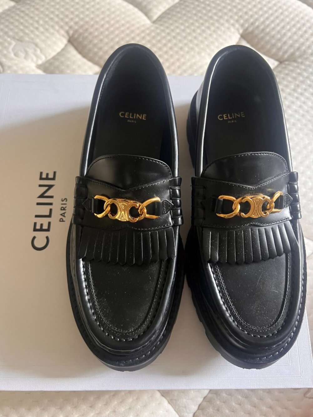 CELINE MARGARET LOAFER WITH TRIOMPHE CHAIN in POLISHED BULL W/ BOX